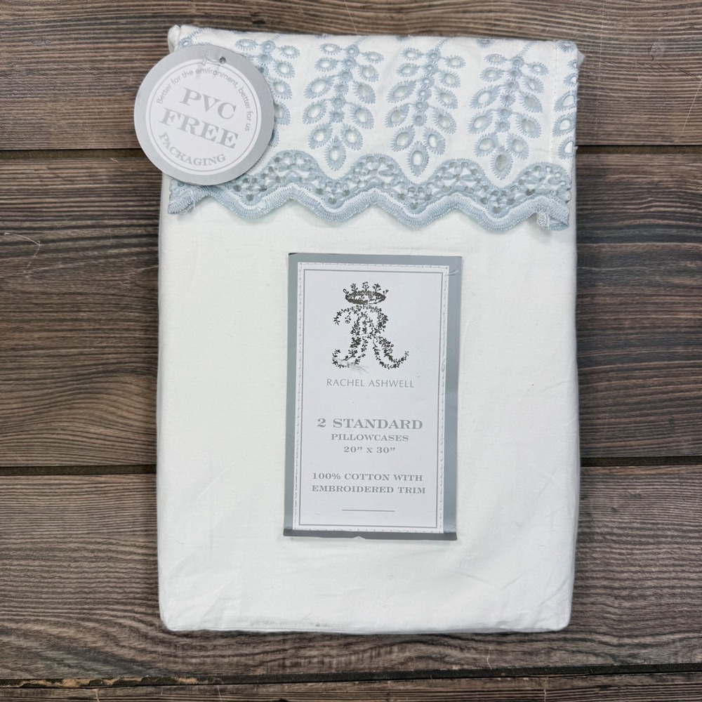 Rachel Ashwell Standard Queen Pillowcase Set White Blue Eyelet Trim New